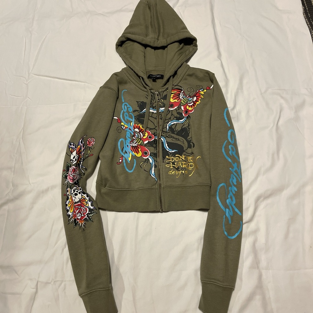 Ed Hardy Khaki Hoodie with Vibrant Design - Picture 1 of 8